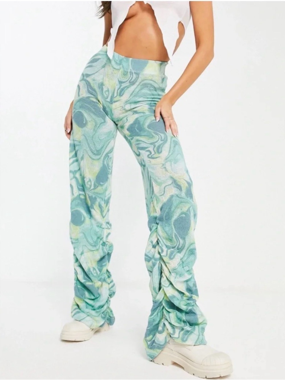 Jaded London Turquoise Swirl Knit Ruched Hem Track Pants High Rise Pants US 6
